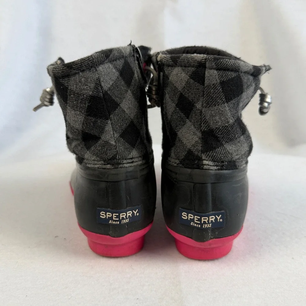 Sperry‎ Saltwater Plaid Duck Boots Black Pink Waterproof Zip Side Kids Size 4